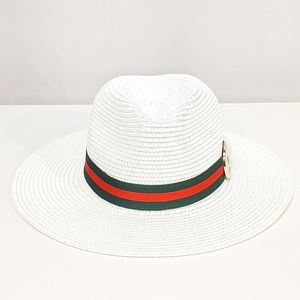 White with Red Green Ribbon Straw Fedora, Wide Brim Straw Floppy Hat Fancy